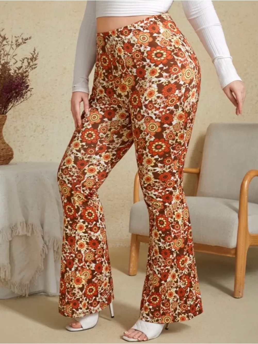 SHEIN Retro Floral High-Waist Flare Pants — Rust & Cream